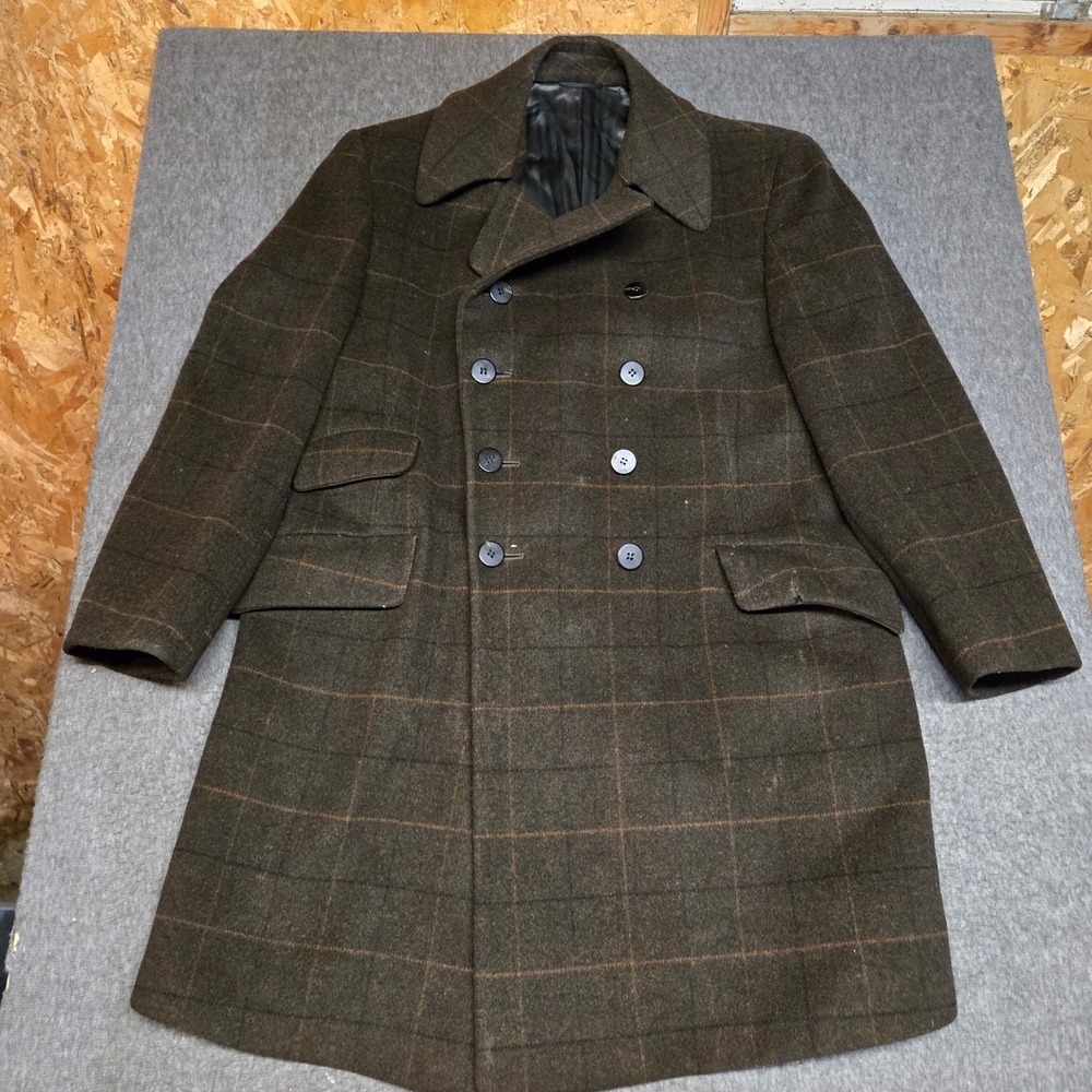 Vintage 60s Hoxton Wool Overcoat Mens Brown Plaid Double Breasted READ